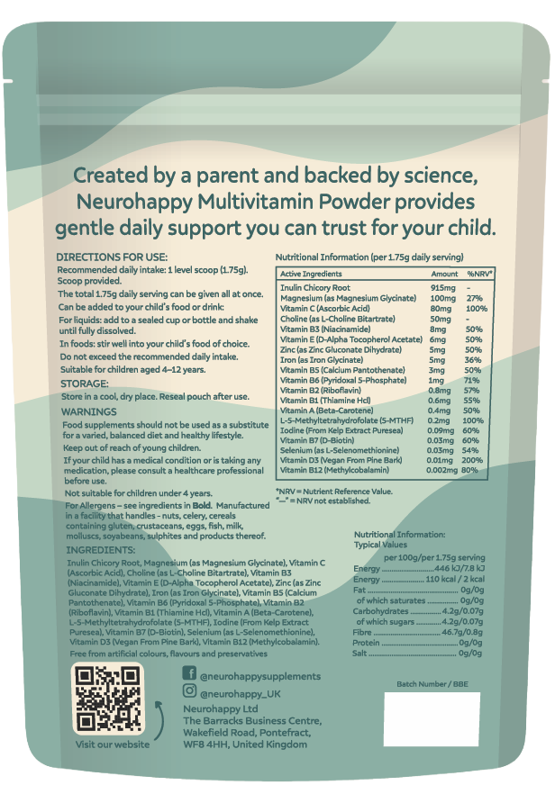 Packaging for Neurohappy Multivitamin Powder, detailing usage directions, nutritional information, and ingredients. Includes a QR code and contact info.