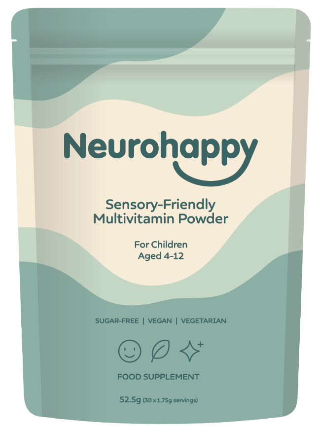Package of Neurohappy Sensory-Friendly Multivitamin Powder for children aged 4-12. Cream and soft green design, labeled sugar-free, vegan, and vegetarian.