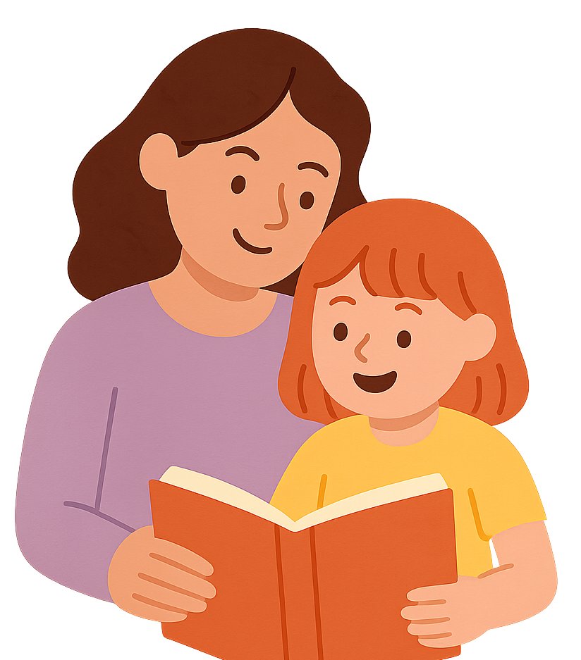 A woman and child reading a book together, smiling. The woman wears a purple shirt and the child a yellow one. The mood is joyful and warm.