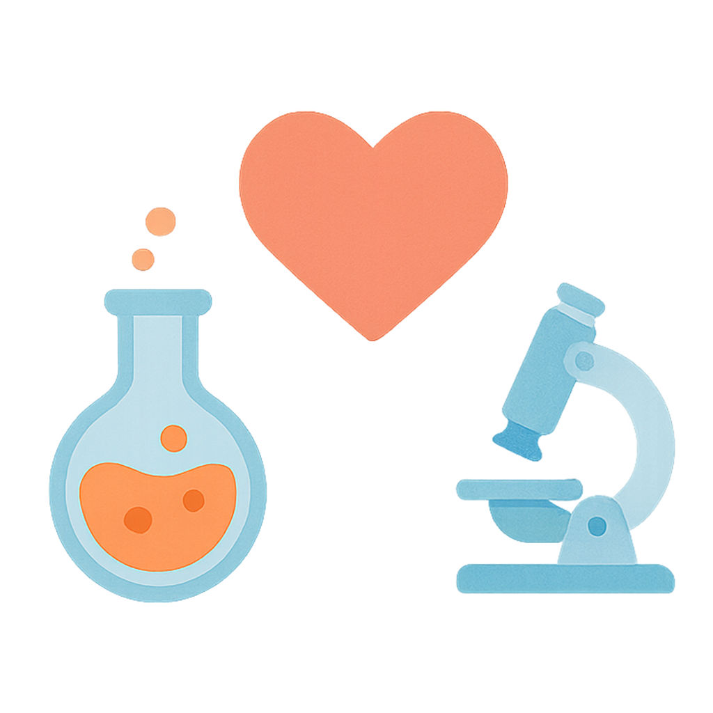 An image of a blue science flask and microscope with an orange heart between them, set against a transparent background. Represents love for science.